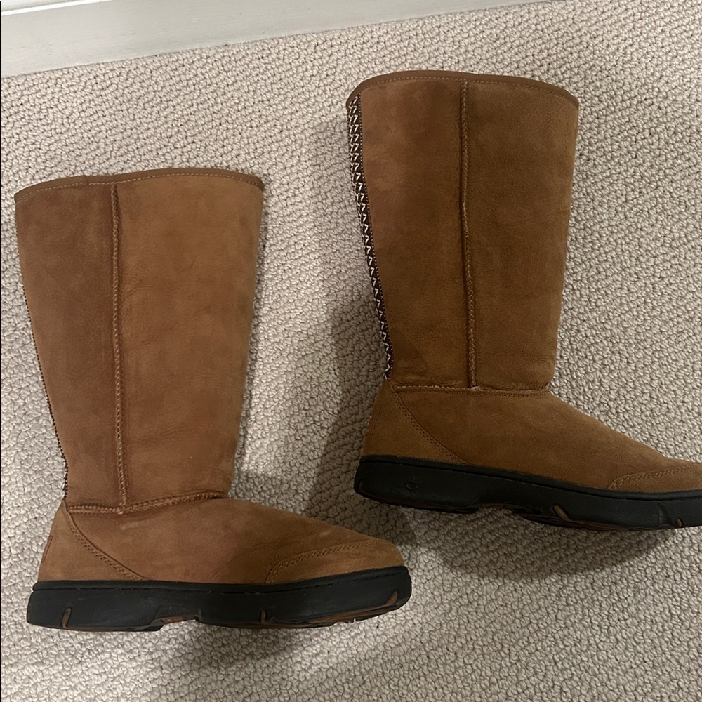 UGG Tall Chestnut Suede Shearling Boots with Stitch Detail size 8 - Picture 3 of 8